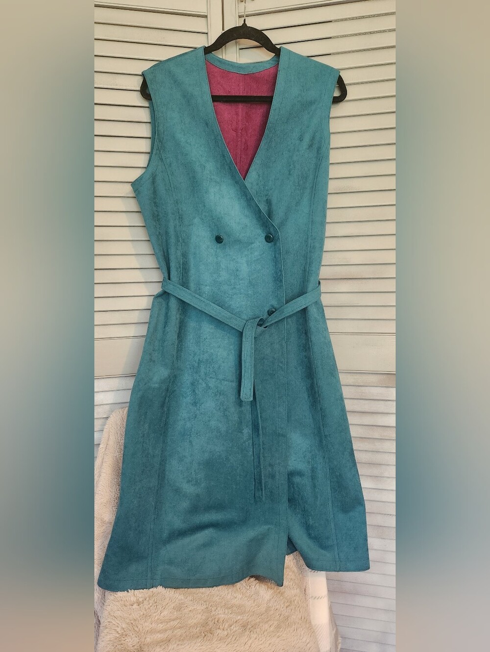 Gorgeous Retro Vtg Boho Faux Suede Sleeveless Teal Long Vest Dress w/ Tie Belt